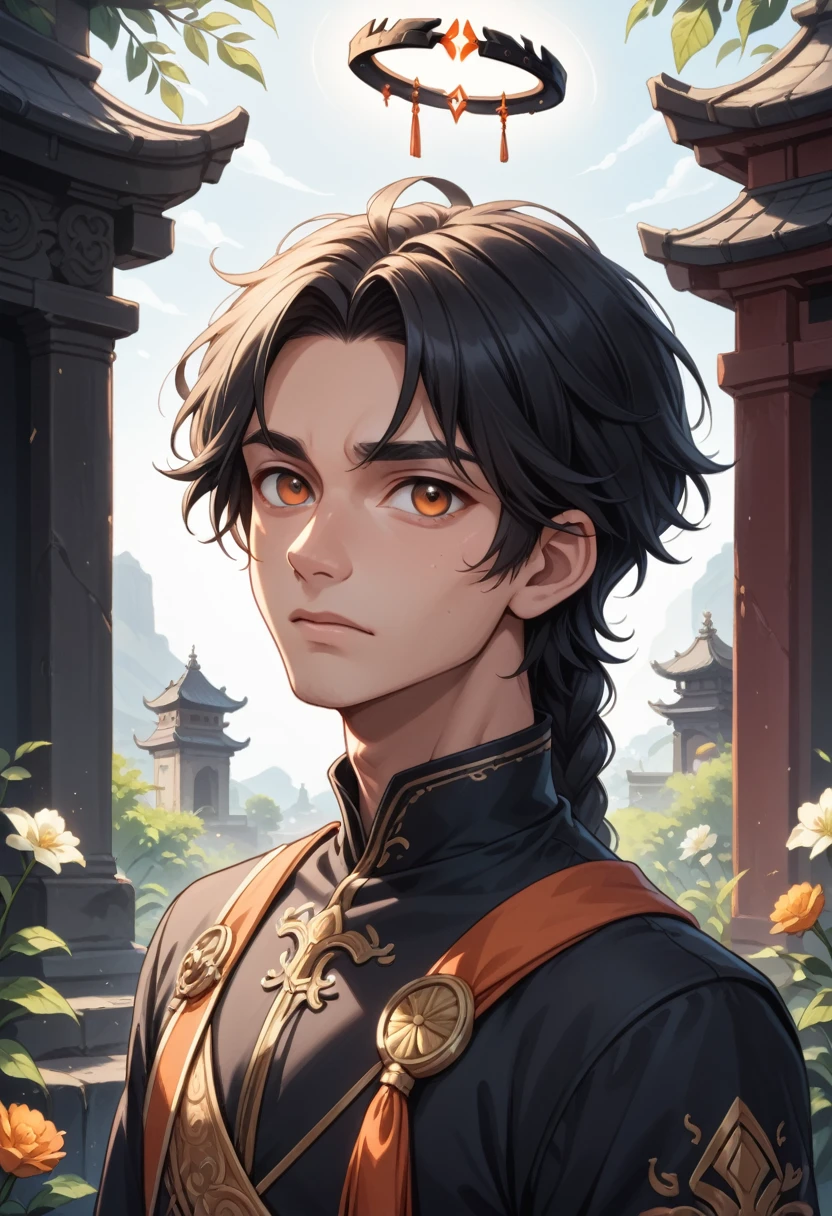 a short, fair-haired boy with long, straight, waist-length hair that is black with a pale red tip. her hair is ombre and the color is towards the end of the braid, on the side of his temple was a pin of the vice flower Lycoris. He also had big ones., empty in appearance, Dark orange eyes. There is a black halo above the head. His eyes and personality are different from his twin brother Stephen..
