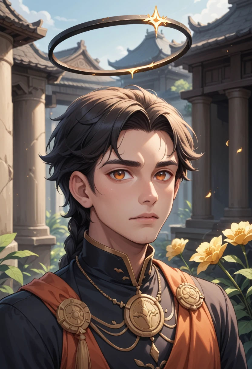 a short, fair-haired boy with long, straight, waist-length hair that is black with a pale red tip. her hair is ombre and the color is towards the end of the braid, on the side of his temple was a pin of the vice flower Lycoris. He also had big ones., empty in appearance, Dark orange eyes. There is a black halo above the head. His eyes and personality are different from his twin brother Stephen..