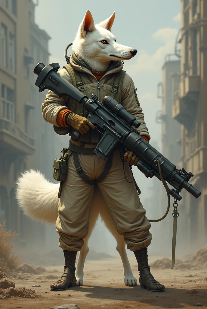 hideki kaneda, sturmovik \(hideki kaneda\), borzoi, canid, canine, canis, domestic dog, hunting dog, mammal, sighthound, anthro, black nose, breasts, brown eyes, clothed, clothing, female, fluffy, fluffy tail, footwear, fur, gloves, hair, handwear, high heels, holding object, holding weapon, long hair, missile launcher, ranged weapon, rocket launcher, scar, solo, tail, weapon, white body, white fur, white hair,long snout,longer snout,scar,snout scar,russian,comunism,
 borzoi_anthro, (best quality, good quality:1.4),
 (by dagasi, by daigaijin),