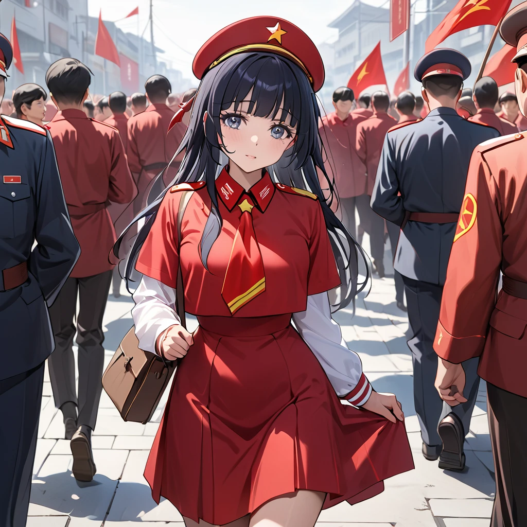((Highest quality)), ((masterpiece)), (detailed), (Perfect Face)、The woman is Reika Aoki with semi-long hair、The woman abandoned her Japanese identity and became Chinese.、The woman has become a full-fledged Communist Party member, dresses in Communist Party clothing, and works for the Communist Party.