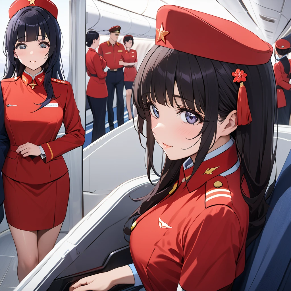 ((Highest quality)), ((masterpiece)), (detailed), (Perfect Face)、The woman is Reika Aoki with semi-long hair、The woman is a flight attendant for a Chinese airline who works exclusively for the Communist Party of China and serves them wholeheartedly.、Red Uniform