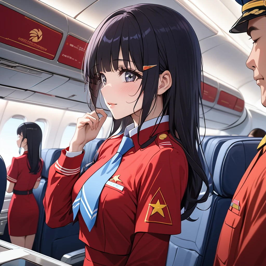 ((Highest quality)), ((masterpiece)), (detailed), (Perfect Face)、The woman is Reika Aoki with semi-long hair、The woman is a flight attendant for a Chinese airline who works exclusively for the Communist Party of China and serves them wholeheartedly.、Red Uniform