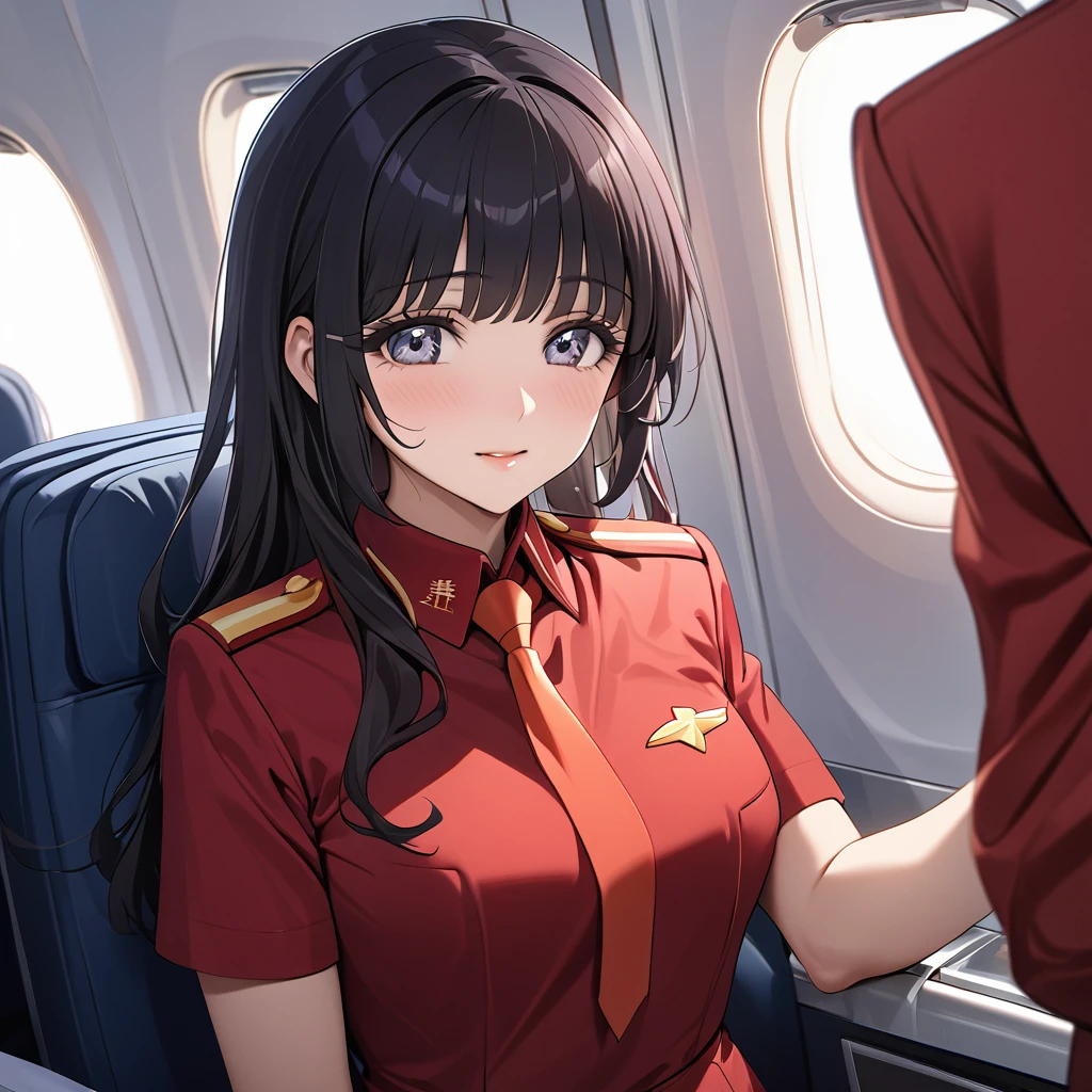 ((Highest quality)), ((masterpiece)), (detailed), (Perfect Face)、The woman is Reika Aoki with semi-long hair、The woman is a flight attendant for a Chinese airline who works exclusively for the Communist Party of China and serves them wholeheartedly.、Red Uniform