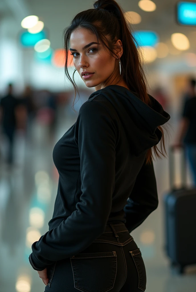 (photorealism: 1.2), hot brazilian sexy girl in sexy dynamic pose. raw portrait photography, hyper realistic and detailed face, complex and realistic skin texture, hot body, athletic body, smiling, long black hair tied up, dressed with black hoodie, in airport terminal with luggage