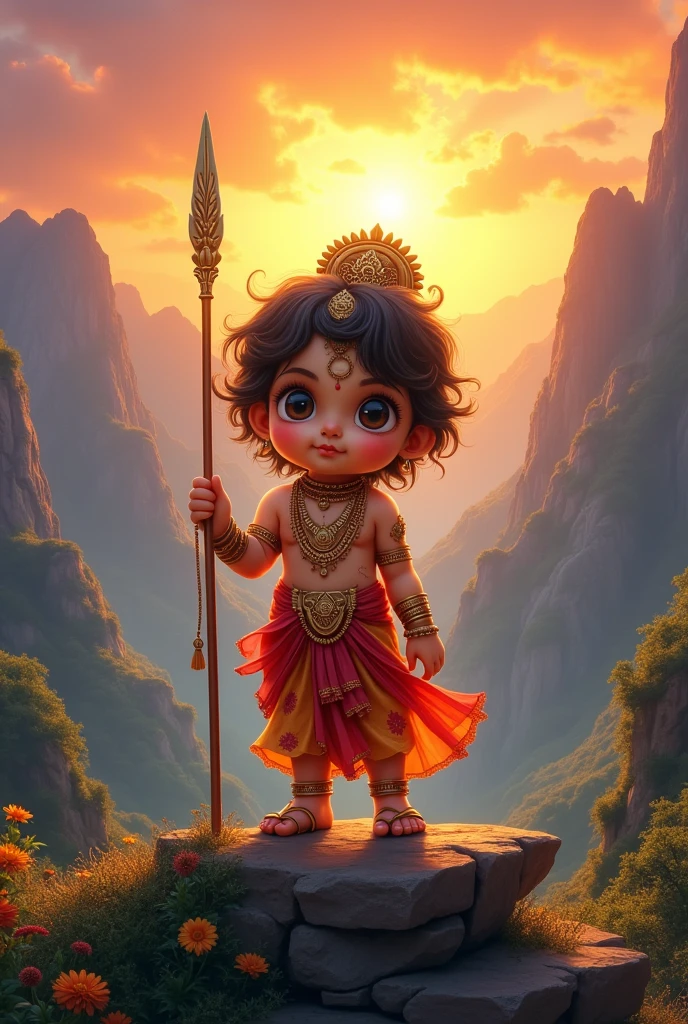 God muruga in beautiful mountain in sunset with cute expression with vel