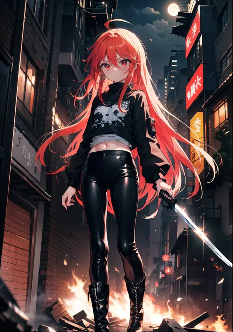 shana,灼眼のshana,long hair, redhead, red eyes, ahoge,small breasts,serious face,black rider suit,black t-shirt,leather pants,boots...