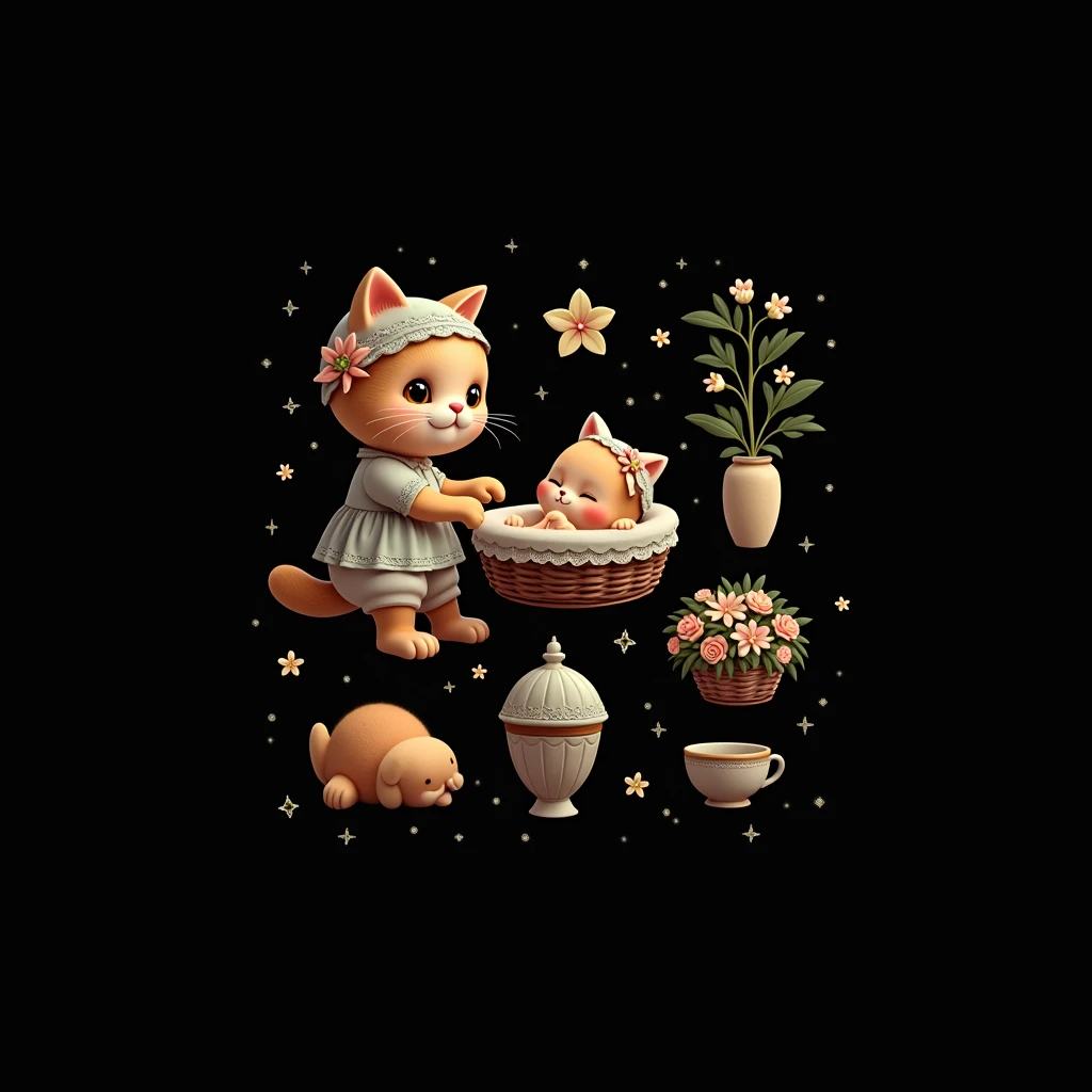 Mother cat with kitten in wicker cradle in cotton lace dress and cap decorated with flowers and ribbons in retro style