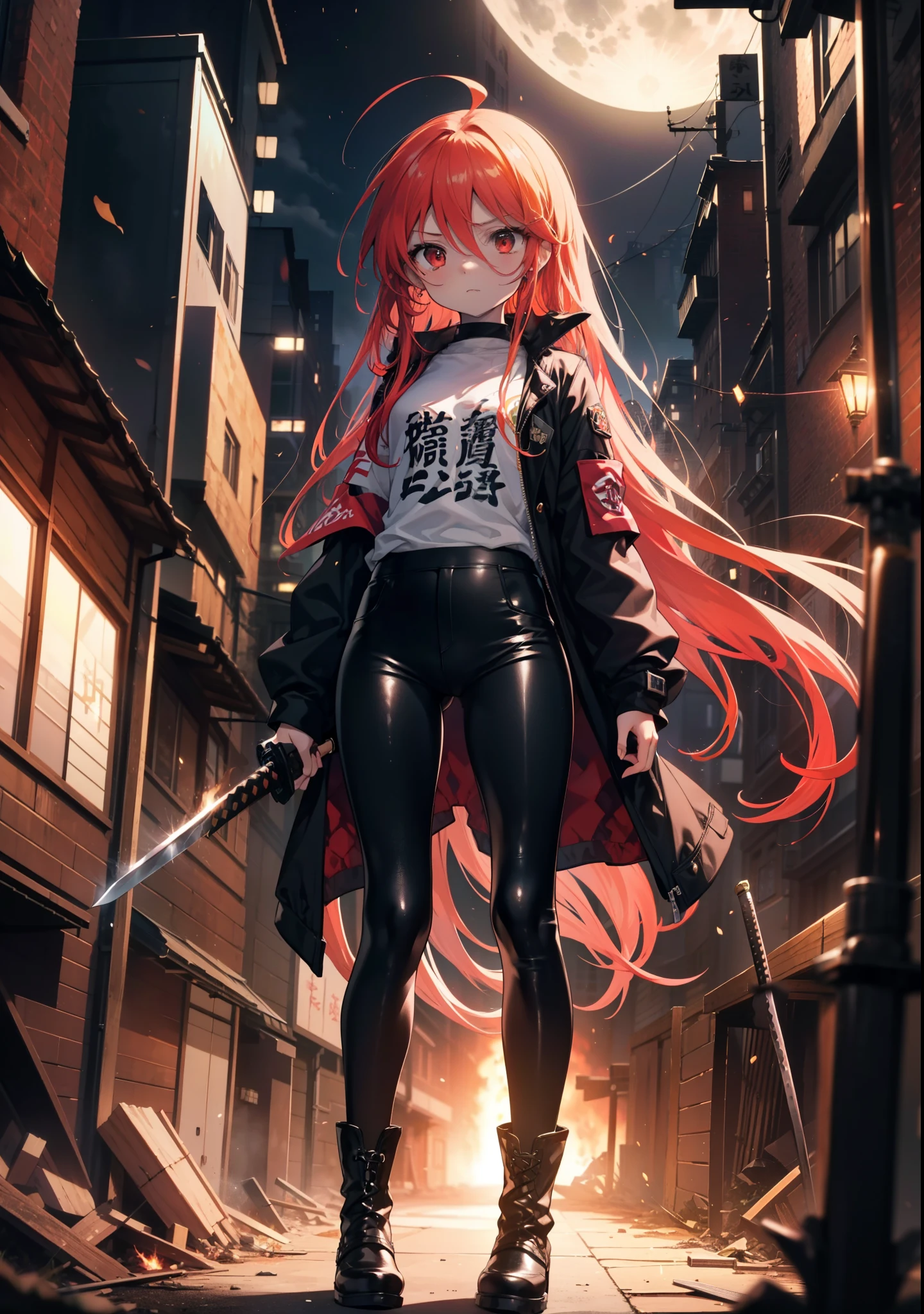 Shana,灼眼のShana,Long Hair, Redhead, Red eyes, Ahoge,Small breasts,Serious face,Black Rider Suit,Black T-shirt,Leather pants,boots,rubble,The town is collapsing,Explosive Flame,A long Japanese sword wrapped in flames:1 is stuck in the ground,night,moonlight,Are standing,whole bodyがイラストに入るように,　　　　　　　　　　　　　break outdoors, Building district,　　　　　　　　　　　　　　　break looking at viewer, whole body, 　　　　　　　　break (masterpiece:1.2), Highest quality, High resolution, unity 8k wallpaper, (shape:0.8), (Beautiful attention to detail:1.6), Highly detailed face, Perfect lighting, Extremely detailed CG, (Perfect hands, Perfect Anatomy),