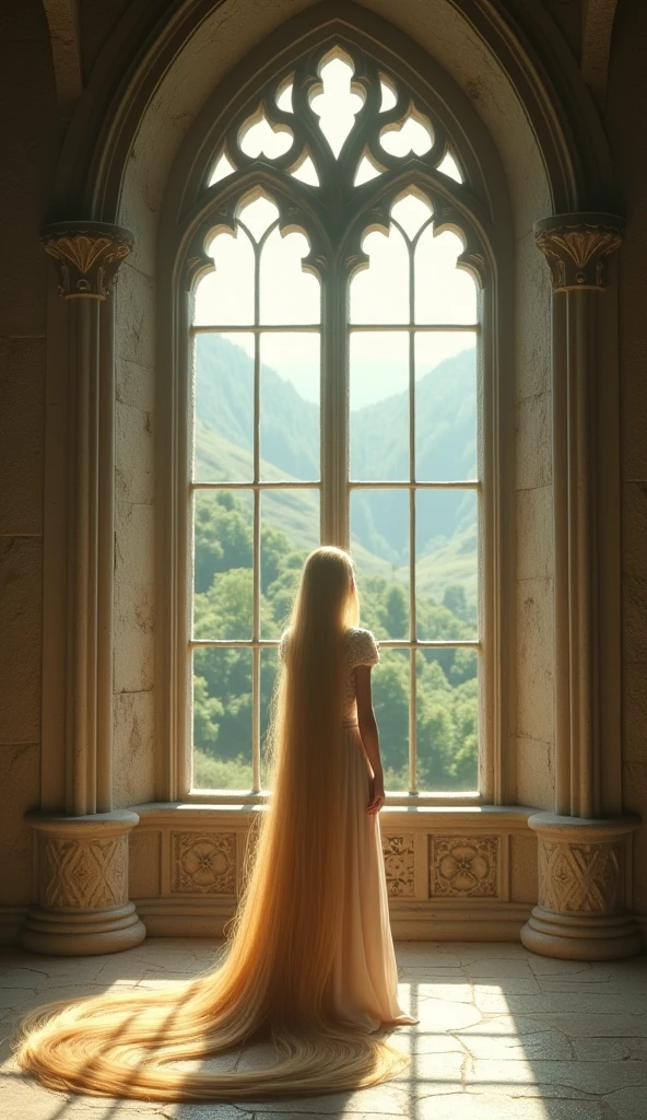 gernate a picture of rupenzal like girl standing in castle near window looking away and seem like she is dreaming