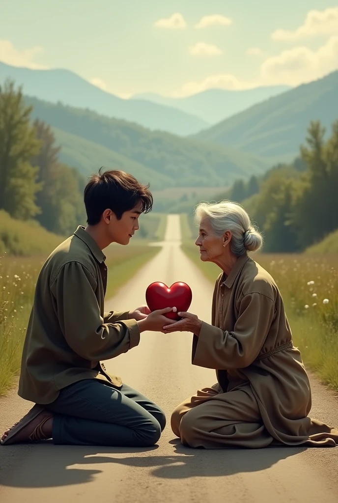 In the road a son give his heart to his mother
