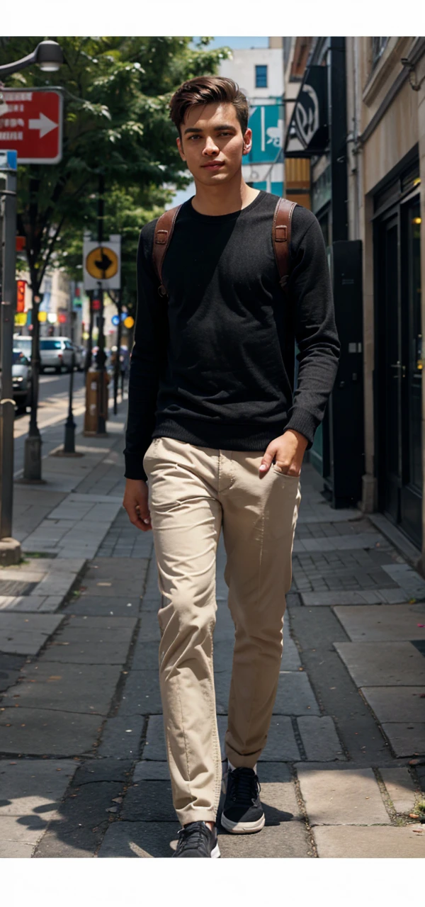 Young man walking in the background of a colorful city