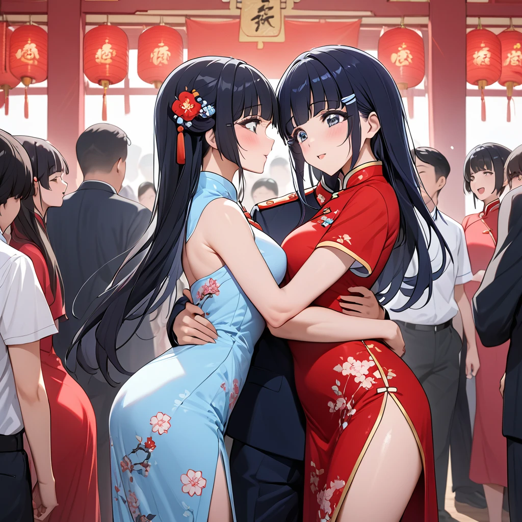 ((Highest quality)), ((masterpiece)), (detailed), (Perfect Face)、The woman is Reika Aoki with semi-long hair、The woman is wearing a gorgeous cheongsam for a party in China and is embracing a great Chinese Communist Party official in a frenzy.