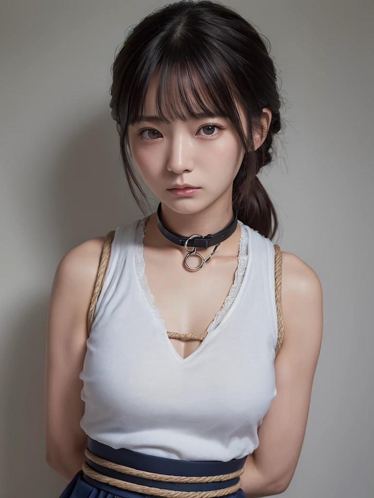 ((Highest quality, masterpiece :1.3)), Realistic、Ultra-high resolution、Natural skin texture、Hyperrealism、From the waist up、Beautiful Japanese girl in her late teens、Sparkling eyes、Large breasts、Sleeveless shirt with collar、Restrained by rope、Angry expression