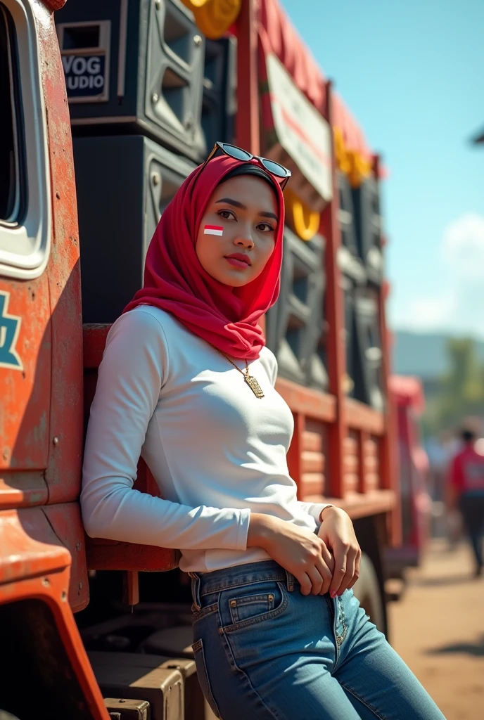 (photorealism), (masterpiece) (Indonesian selebration independens day)
a beautiful Indonesian woman, wearing a long sleeves white t-shirt that reaches below her buttocks and long sleeves, tight jeans, a red hijab, black suglasses on her head, pink lipstick and Indonesian flag on chick, leaning casually against a truck carrying a stack of audio systems about 3 meters high. The truck has been decorated with colorful cloth and beautifully shaped with the backdrop of the August parade, on the side of the truck there is an art poster that says "BREWOG AUDIO" large and can be read very clearly, the sky is blue, sunlight, outdor, relaxed pose, realistic, intricate details, warm colors, clowdy sky, Focus, Focus, realistic, 5D 8K