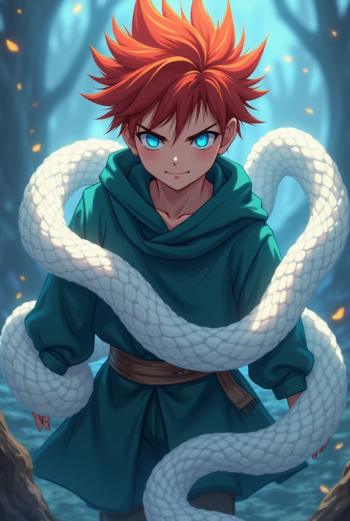 A fierce red-haired boy,Blue eyes and spiky hair,Surrounded by a coiled white snake,Anime style,Detailed facial features,Highly detailed,masterpiece,8k,Photorealism,Dramatic lighting,Vibrant colors,fantasy,magic,Ethereal,mystery,beauty,grace