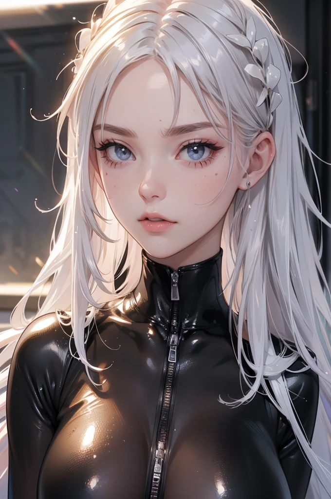 maximum quality, Caucasian skin, real human skin, (detailded), Face oval, pore, ultra high definition, (8k, RAW photograph, photorrealistic: 1.4), a girl, slender, abs, (Kind and Goddess eyes) happiness: 1.2), (Lip gloss, eyelash, bright face, best qualityer, ultra high definition, Ample Lighting, natural shading), white hair, dark makeup, black leather bodysuit