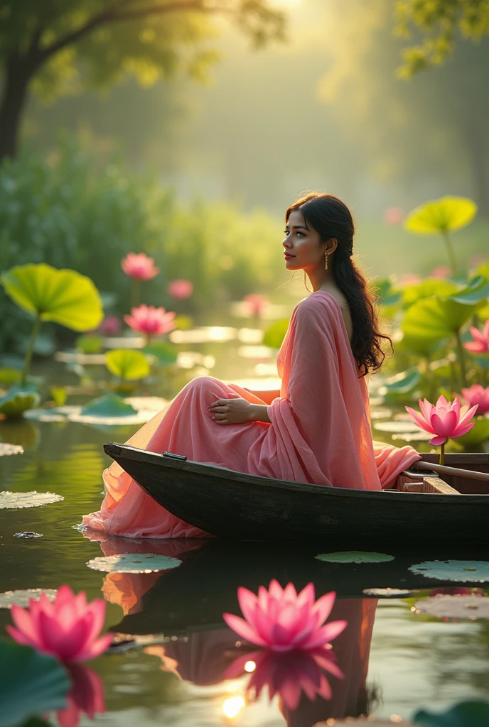 The boat floats on the river. A girl in a saree sits gracefully in the boat. Around him, lotus flowers of various colors bloomed on the banks of the river, which were reflected in the calm water of the river. The girl is smiling or quietly enjoying the view of the river, while the lotus flowers make the environment around her more colorful and vibrant. The golden glow of the lotus flowers along with the sunlight made the scene even more beautiful. The image can be seen from the side of the girl.