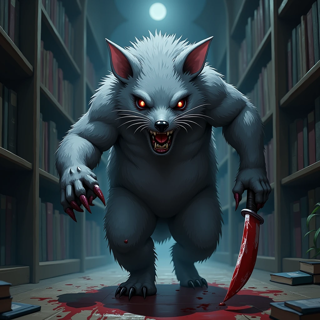 A frightening mole mascot have a grey. The costume is blood-stained and carries a knife, moving through the dimly lit corridors of the library. Anime style