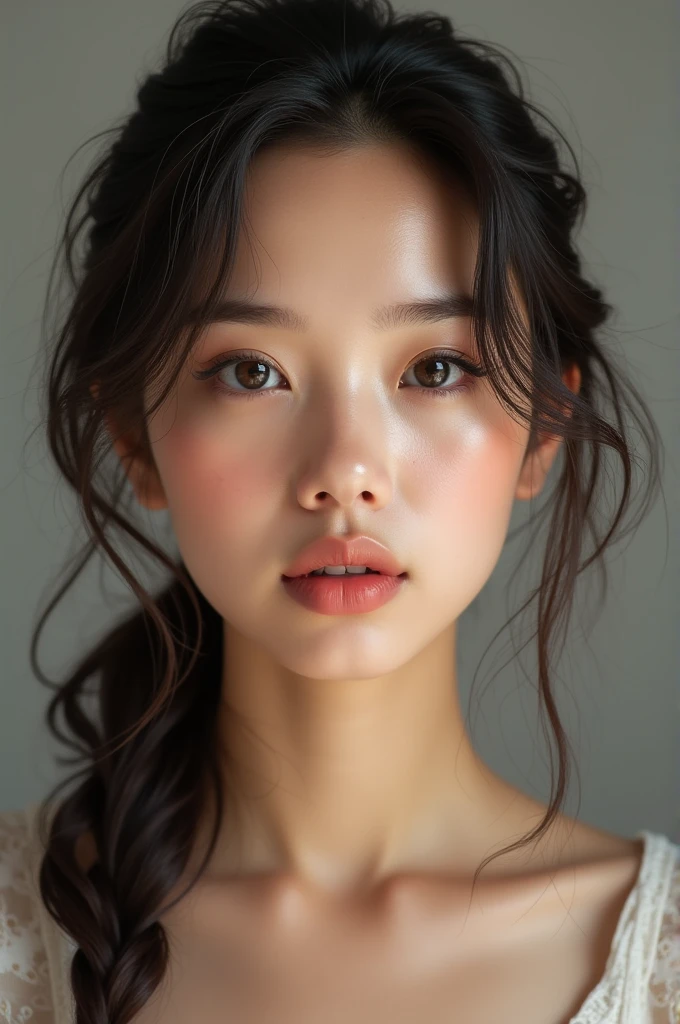 visage d'une femme 25 ans , belle bouche , beau yeux , vue de face , vue sur toute sa tête