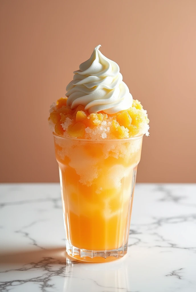 Instagram style、White marble top、A luxurious shaved ice topped with plenty of peach pulp and fresh cream.、Aspect ratio 3:4