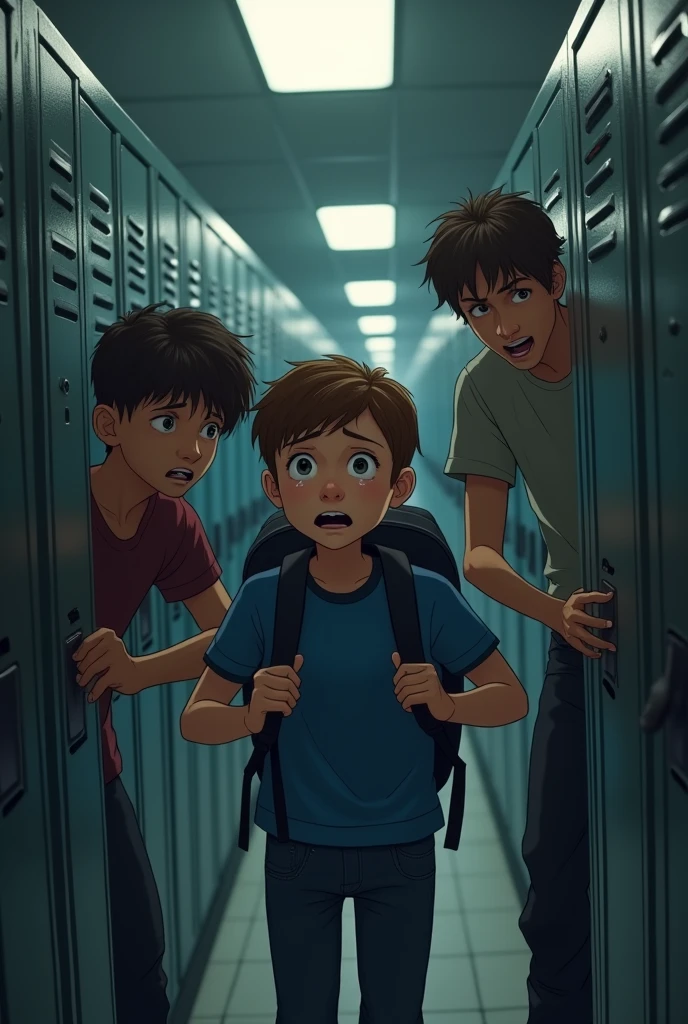 A highly realistic image inside a dimly lit school hallway. The same young boy from the first image, with short brown hair and wearing the same blue t-shirt and jeans, is now cornered against a row of lockers. Three older kids are surrounding him with aggressive expressions. One bully, a taller boy, is grabbing the boy's backpack, trying to yank it away, while another bully is pushing him against the lockers with a smirk on his face. The third bully is pointing and laughing, adding to the intimidation. The young boy's face shows a mix of fear and helplessness; his eyes are wide, and there are tears forming. The hallway is empty except for this group, and the scene captures the intensity and fear of a bullying incident, focusing on the boy's vulnerability.