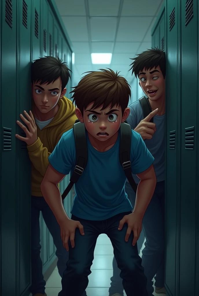 A highly realistic image inside a dimly lit school hallway. The same young boy from the first image, with short brown hair and wearing the same blue t-shirt and jeans, is now cornered against a row of lockers. Three older kids are surrounding him with aggressive expressions. One bully, a taller boy, is grabbing the boy's backpack, trying to yank it away, while another bully is pushing him against the lockers with a smirk on his face. The third bully is pointing and laughing, adding to the intimidation. The young boy's face shows a mix of fear and helplessness; his eyes are wide, and there are tears forming. The hallway is empty except for this group, and the scene captures the intensity and fear of a bullying incident, focusing on the boy's vulnerability.