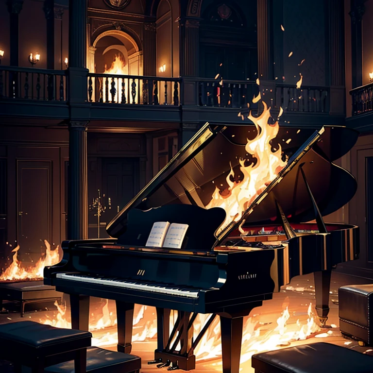 (masterpiece, best quality, ultra-detailed, illustration, high resolution, UHD, depth, cinematic lighting), piano, fire, blaze, large empty room, giant room, piano in center, burning piano, piano on fire:1.4, piano in a blaze, burning, surrouned by flames, dark room, sadness, grief, regret, emotion, love, beaty, poetry, destruction, piano going up in flames