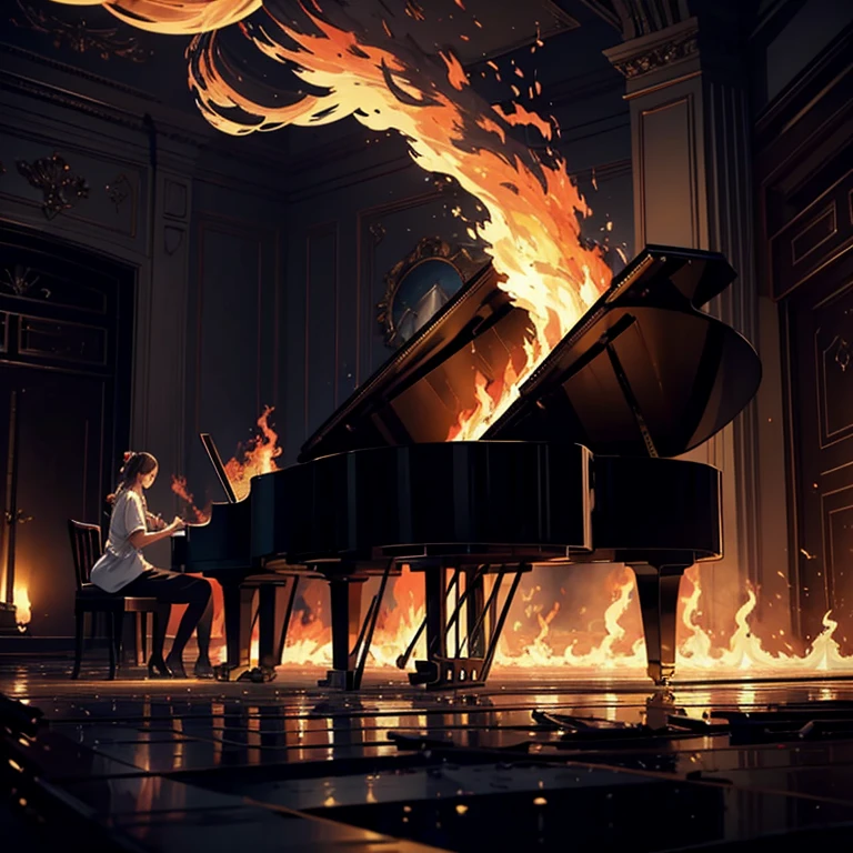 (masterpiece, best quality, ultra-detailed, illustration, high resolution, UHD, depth, cinematic lighting), piano, fire, blaze, large empty room, giant room, piano in center, burning piano, piano on fire:1.4, piano in a blaze, burning, surrouned by flames, dark room, sadness, grief, regret, emotion, love, beaty, poetry, destruction, piano going up in flames
