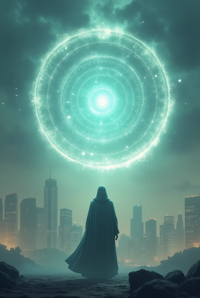 A pale magic circle floating in the air, ,The hero who stopped the world from being destroyed, The back of the character, City as background