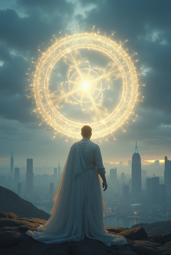 A pale magic circle floating in the air, ,The hero who stopped the world from being destroyed, The back of the character, City as background