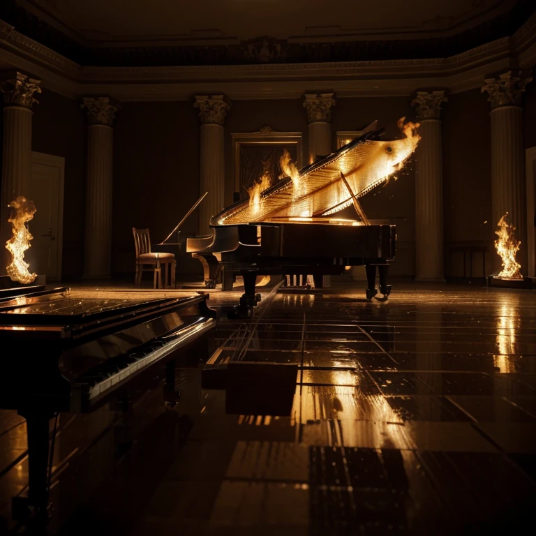 (masterpiece, best quality, ultra-detailed, illustration, high resolution, UHD, depth, cinematic lighting), piano, fire, blaze, large empty room, giant room, piano in center, burning piano, piano on fire:1.4, piano in a blaze, burning, surrouned by flames, dark room, sadness, grief, regret, emotion, love, beaty, poetry, destruction, piano going up in flames
