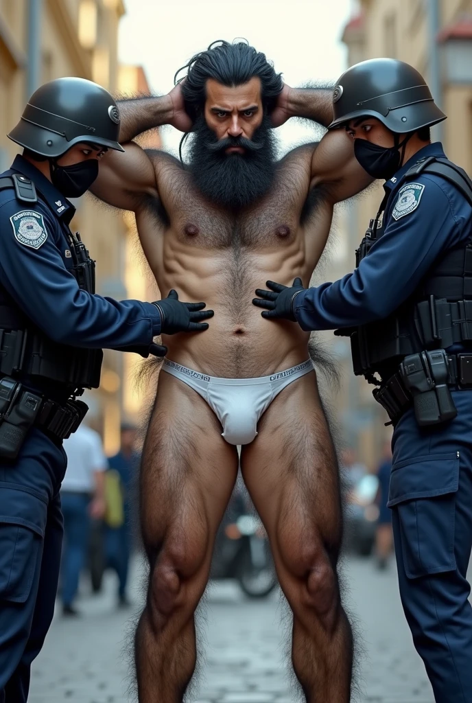 Young Iranian man huge extremely hairy spotted and bearded with white navy blue protruding, standing, very big, with your legs wide apart from each other, with both hands behind his head, having his underwear searched by two armed police officers.