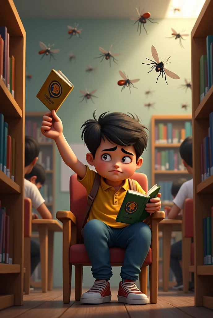 Many mosquito flying or a boy or his behind other students sitting who reading in library chair his hand holding a LA name logo book and one had on his head watching flying mosquito with stress or behind showing Lavansh Library name on the background