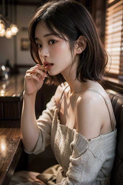((extreme close up)), side view, watching camera, A sophisticated bar setting exudes an atmospheric glow, featuring stylish dim lighting and a cozy ambiance. In sharp focus, a thin Japanese actress in her 20s, with tied medium, loosely curled brown hair, sits on a bar stool. Dressed in a white plunging neckline long relaxing dress, licking a short cocktail. The scene captures an elegant, intimate mood, enriched by warm lighting and rich textures, creating a masterpiece of visual allure., from side, UHD, masterpiece, anatomically correct, textured skin, super detail, nipple slip
