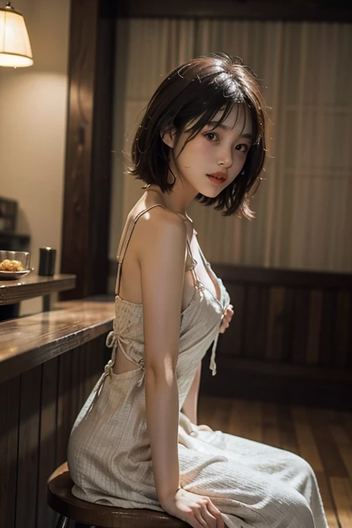((extreme close up)), side view, watching camera, A sophisticated bar setting exudes an atmospheric glow, featuring stylish dim lighting and a cozy ambiance. In sharp focus, a thin Japanese actress in her 20s, with tied medium, loosely curled brown hair, sits on a bar stool. Dressed in a white plunging neckline long relaxing dress, licking a short cocktail. The scene captures an elegant, intimate mood, enriched by warm lighting and rich textures, creating a masterpiece of visual allure., from side, UHD, masterpiece, anatomically correct, textured skin, super detail, nipple slip