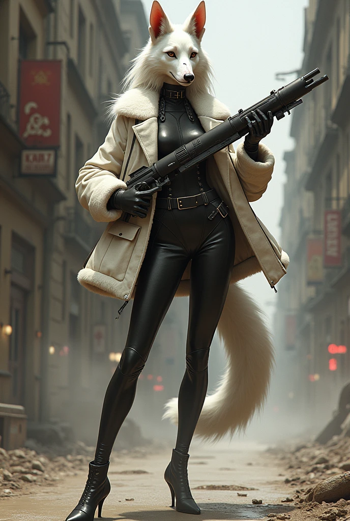 hideki kaneda, sturmovik \(hideki kaneda\), borzoi, canid, canine, canis, domestic dog, hunting dog, mammal, sighthound, anthro, black nose, breasts, brown eyes, clothed, clothing, female, fluffy, fluffy tail, footwear, fur, gloves, hair, handwear, high heels, holding object, holding weapon, long hair, missile launcher, ranged weapon, rocket launcher, scar, solo, tail, weapon, white body, white fur, white hair,long snout,longer snout,scar,snout scar,russian,comunism,
 