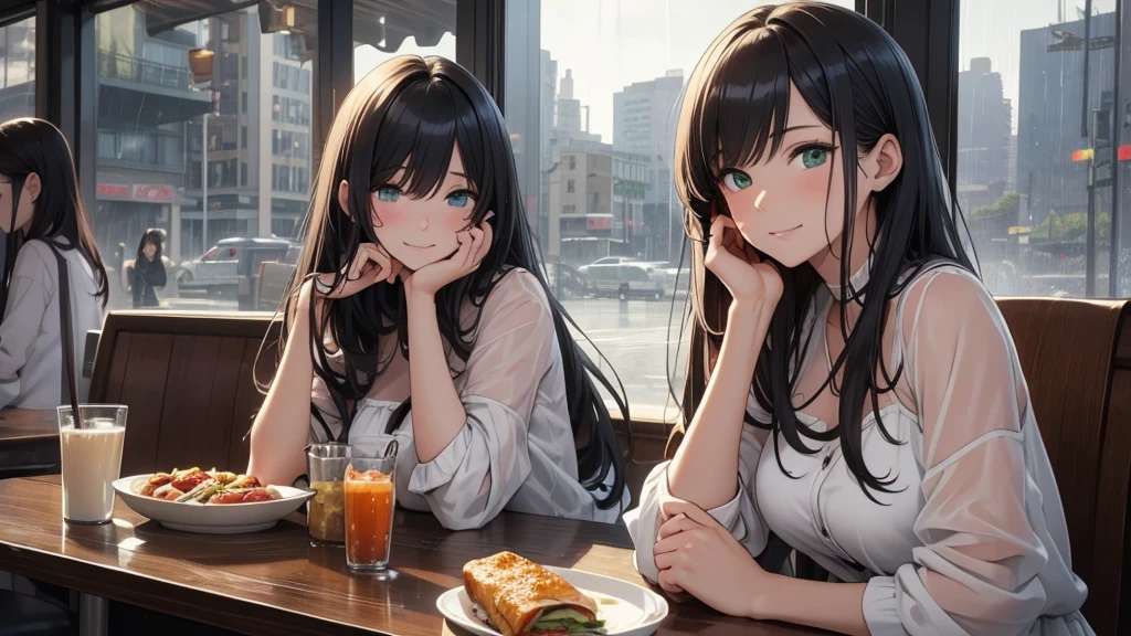 Art piece, masterpiece, anime girls, at a diner, artistic, highly detailed, high quality, 4K resolution, sitting at a diner booth, happy expression, extremely detailed art, rain outside of the large windows, peaceful scene, serene, anime style, zoomed out showing one whole side of the diner, black hair with volume, beautiful face, cute sundress, sexy, mature body, city life, perfect body and face, slight smile, beautiful green eyes, breakfast, correct anatomy, posing sexually, highly detailed face, detailed features, talking, beautiful, sexy, cute