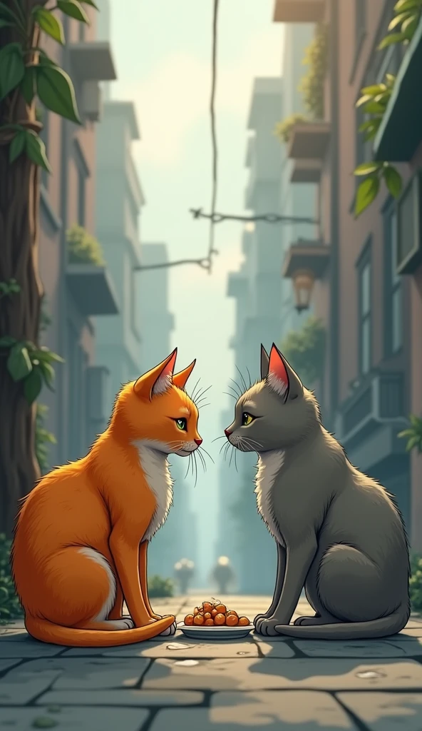 Scene 11: The Unexpected Friend
Location: A Quiet Corner of the City
The orange cat encounters another stray—a scrappy, grey cat. At first, they stare at each other warily, but soon they share a small meal and sit together, finding brief companionship in their loneliness.