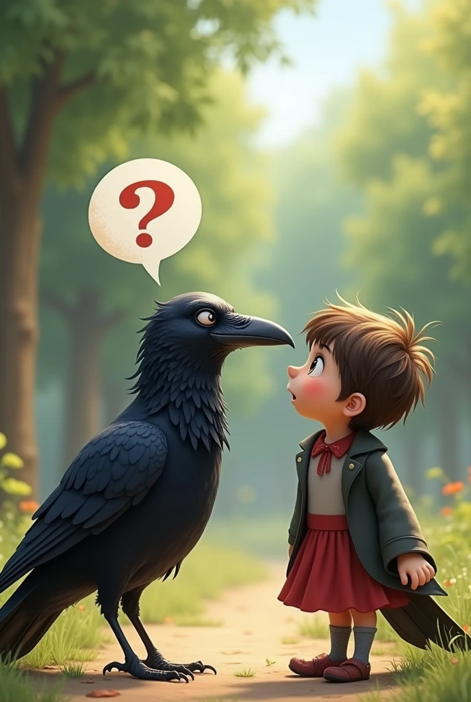 Fifth Scene: The crow replies while still laughing, saying, "Oh, that's not a compliment; they're calling you a fool!" The crow looks amused, with feathers slightly ruffled as if from laughter.
