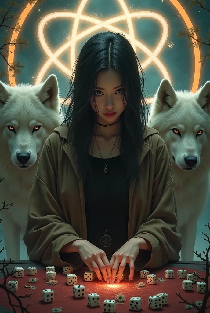 Asian woman with black hair , a black shirt and a long brown coat, with gray eyes, evil smile playing dice, with an atom and a white wolf in the background