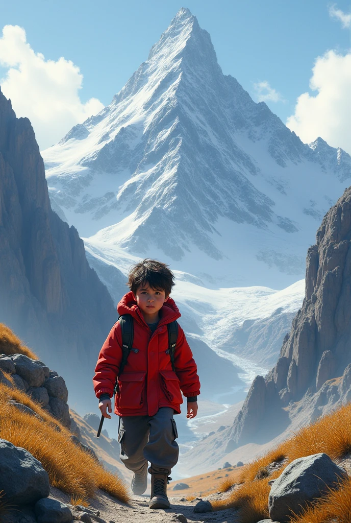 The boy in red colour and in mountains
