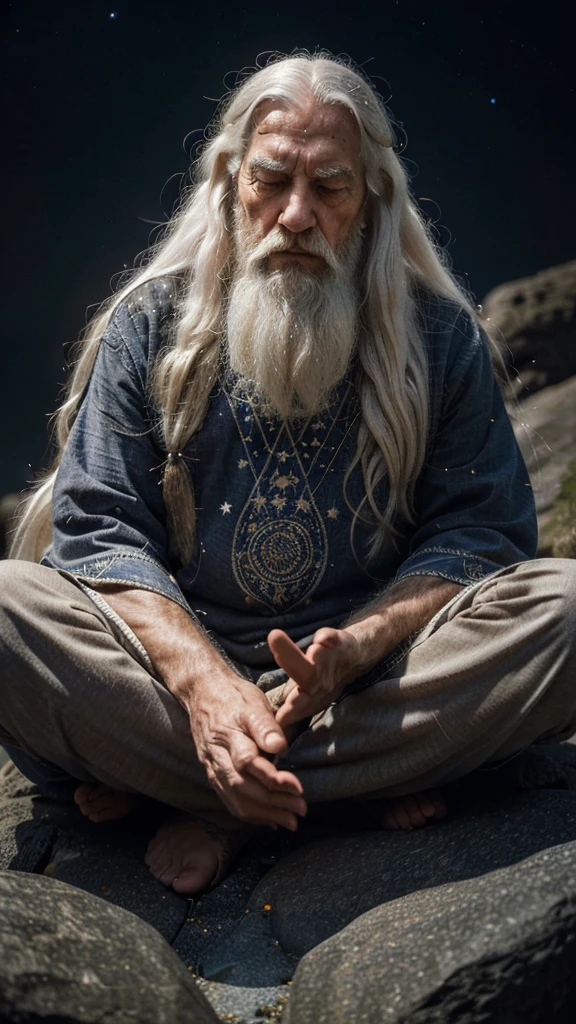 An image of a highly knowledgeable and experienced person, an elderly man with long white hair and beard, meditating on a rock. Above the person are intricate symbols and diagrams representing astronomical or ritual connections, set against the background of a starry night sky. There is an intricate cosmic background that emphasizes the bright effect of the colors. Behind the character's head is a large circle overlapping seven colored lights, drawing attention to the colorful display around the body. The design subtly combines crystal and futuristic elements with themes of mystery, beautiful universe and spirituality. The character looks powerful and surreal, reflecting the mystery and power of the universe. Set in a peaceful environment, surrounded by flowing energy waves, connecting the inner consciousness with the universe. A soft and bright light appears to emanate from the meditator's body, creating a sense of inner peace, spiritual growth and connection to universal consciousness.