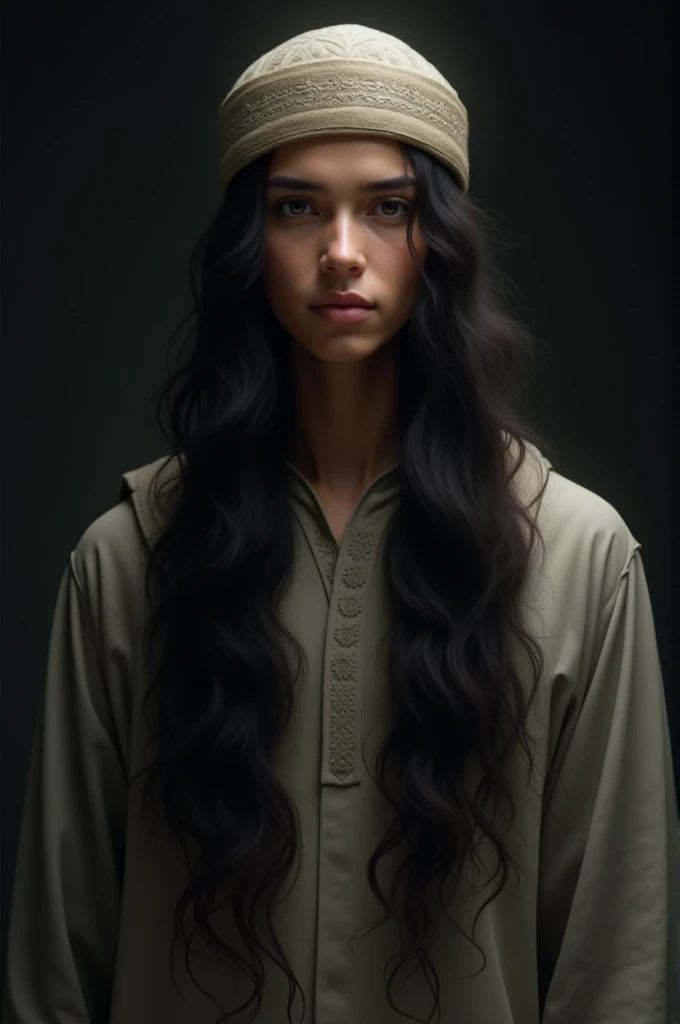 Create a image with long hair islamic sunnah amd wearing a cap with dark background create some authentically