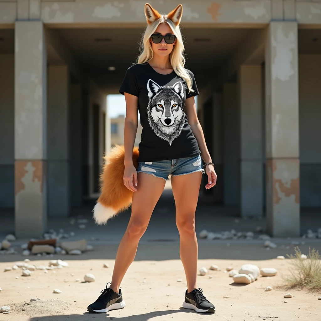 1 woman, athletic, big and toned legs, huge breasts, Black t-shirt above the navel with a white wolf print, sunglasses, fox ears, Fox tail, skinny denim shorts, black puma tennis shoes, in the background abandoned construction 