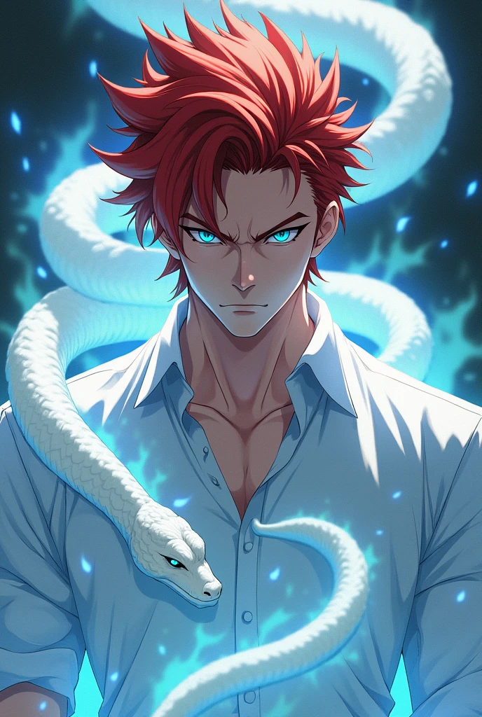 A fierce red-haired man,Blue eyes and spiky hair,Wearing a white shirt,Surrounded by a coiled white snake,Anime style,Detailed facial features,Highly detailed,masterpiece,8k,Photorealism,Dramatic lighting,Vibrant colors,fantasy,magic,Ethereal,mystery,beauty,grace