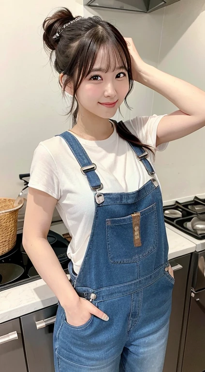 A woman who cooks、(Kitchen_overalls:1.Wear 3)、4K、A high resolution、tmasterpiece、top-quality、((hasselblad photograph))、Fine skin、sharp focus、(lighting like a movie)、Soft lighting、overhead shot、[:(Detailed face:1.2):0.2]、Medium chest、sweat pouring down the skin:1.2、(((In the kitchen))) A smile　Viewer's perspective　huge tit　Ponytail
