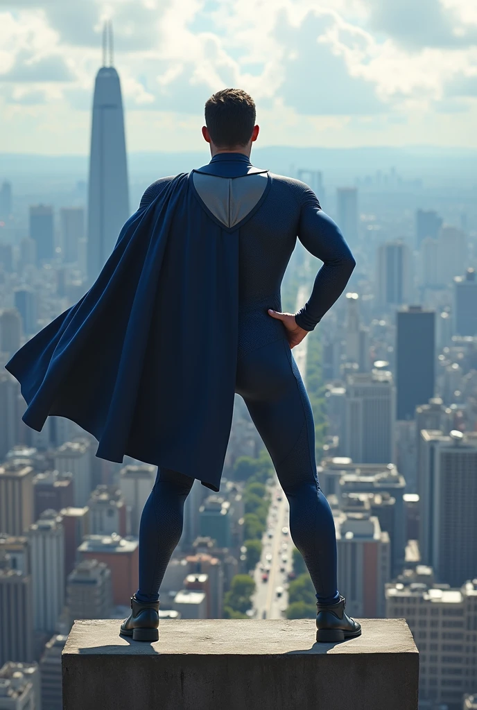 A man dressed in a navy blue and light gray superhero outfit with a cape swinging , with both hands on his waist, on top of a building, and behind the metropolis city of São Paulo.