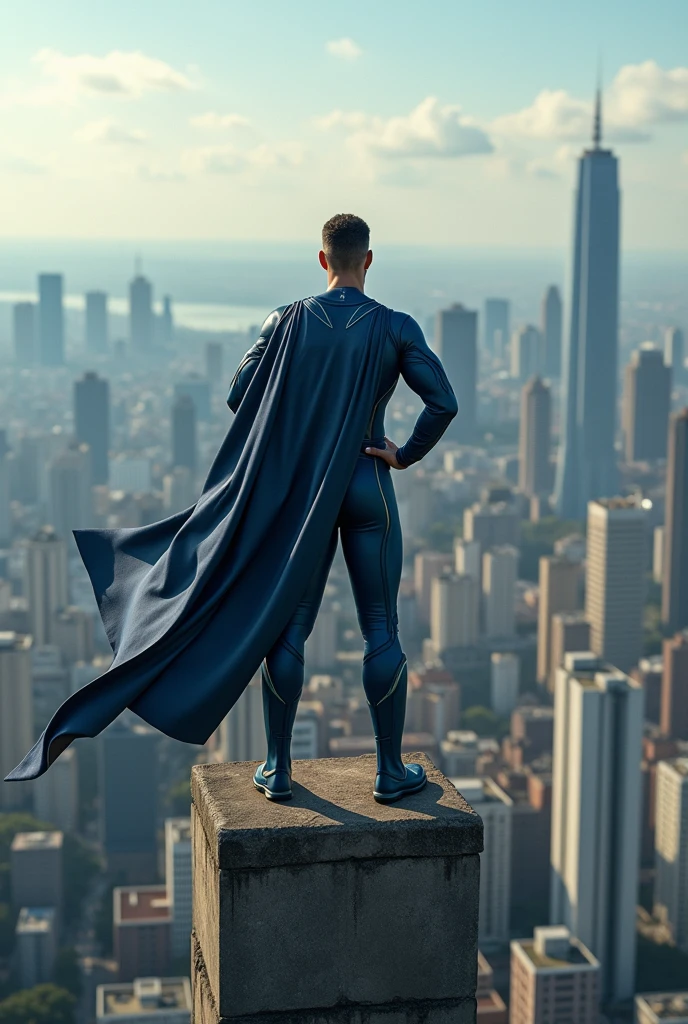 A man dressed in a navy blue and light gray superhero outfit with a cape swinging , with both hands on his waist, on top of a building, and behind the metropolis city of São Paulo.