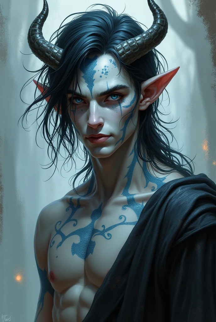 a D&D Tiefling with light grey skin, black hair with white spots and white scales covering parts of his face and his arms and legs. He is also said to have light blue eyes with slit-shaped pupils. The horns should be rather small