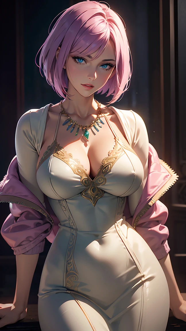 a beautiful girl with short violet hair in a bob,graceful build,forest green eyes,delicate pink lips,chic clothing,pink bodycon dress with a layered jacket,elegant necklace,intricate details,highly realistic,photorealistic,8k,ultra-detailed,HDR,studio lighting,vivid colors,dramatic lighting,digital painting,fantasy portrait,elegant,ornate